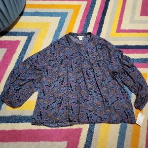 NWT Women's 3X Ophelia Roe Paisley Dressy Blouse Tiered Top Blue